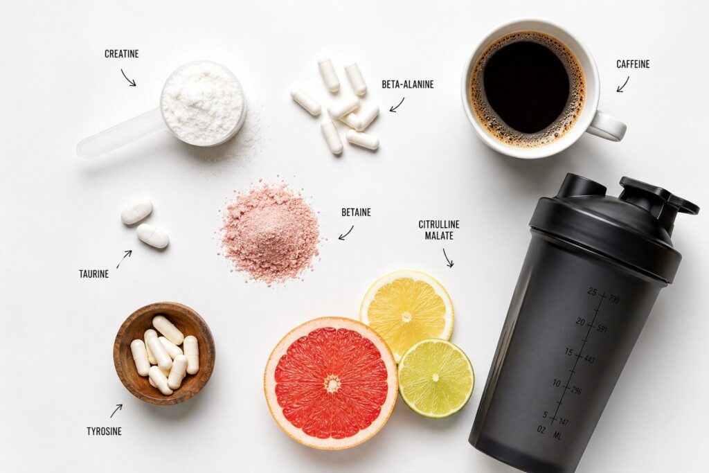 Common pre workout supplement ingredients including creatine, caffeine, and amino acids arranged on a white surface.