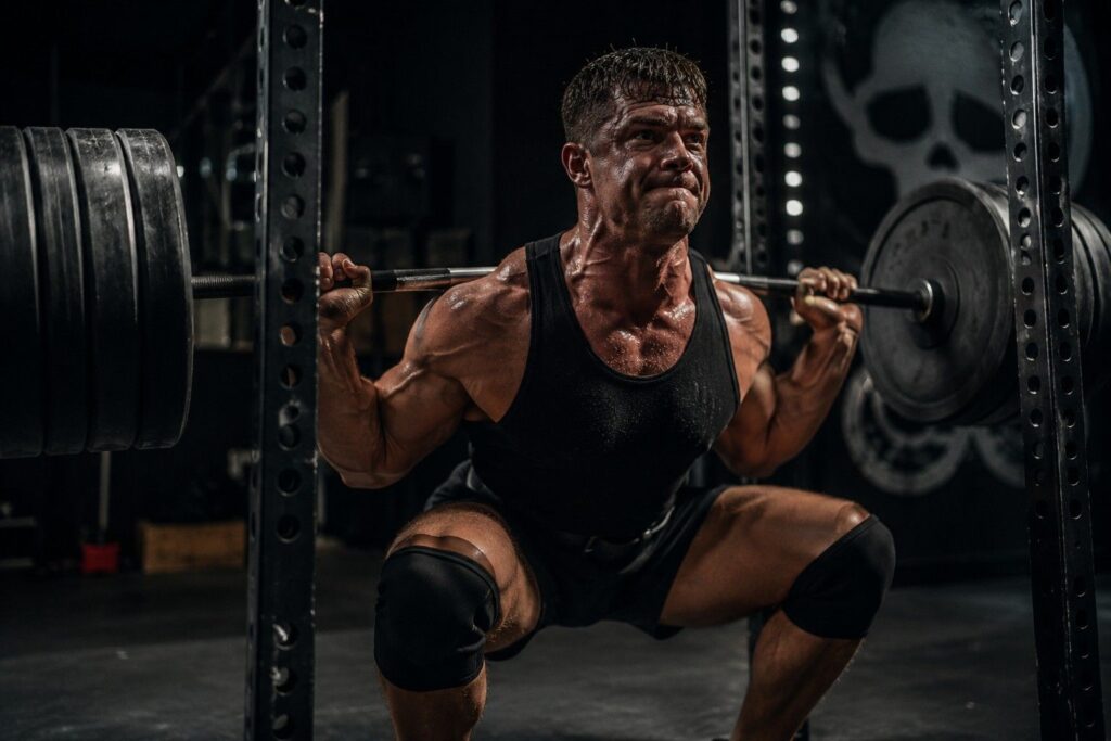 Athlete performing heavy squat in the gym showing muscle endurance from pre workout supplement benefits.