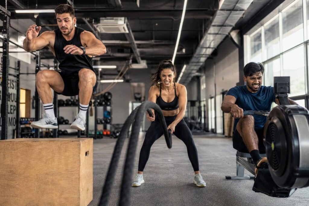 Diverse group of athletes performing HIIT training showing muscular endurance and cardio performance benefits of pre workout supplement.
