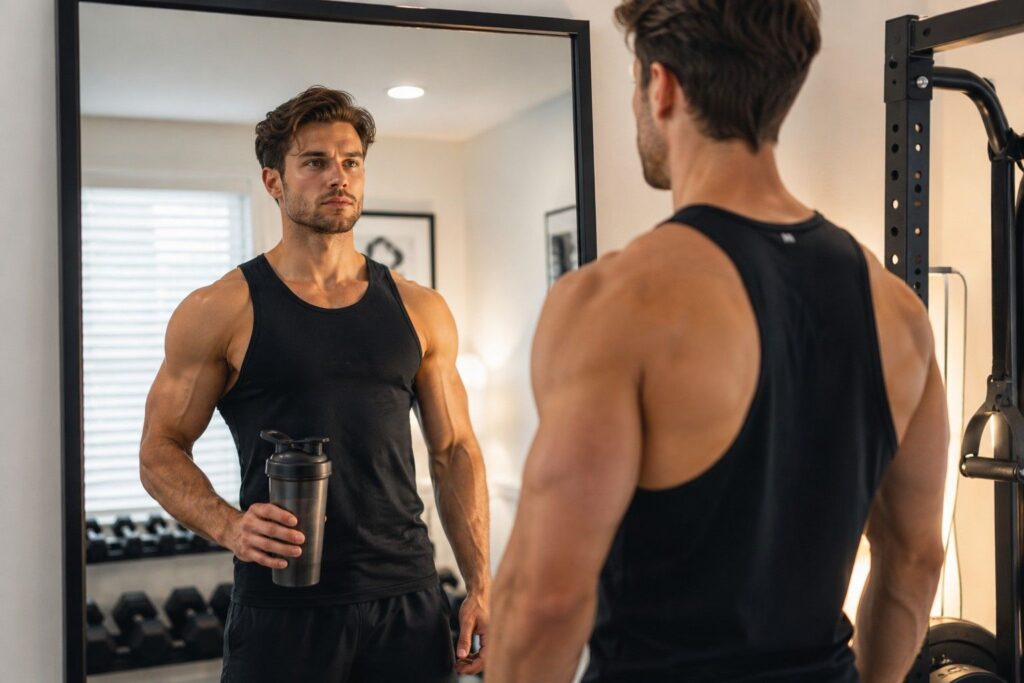 Person feeling motivated and energized holding a pre workout shaker bottle before gym session.