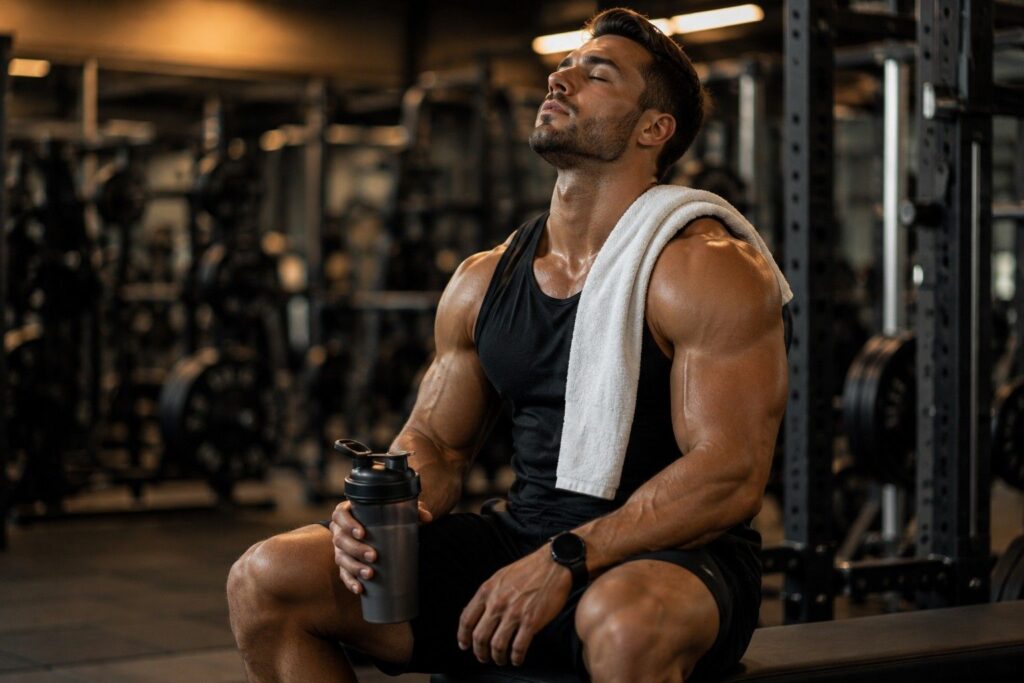 Athlete recovering between sets in gym with shaker bottle showing faster recovery benefits of pre workout supplement ingredients .