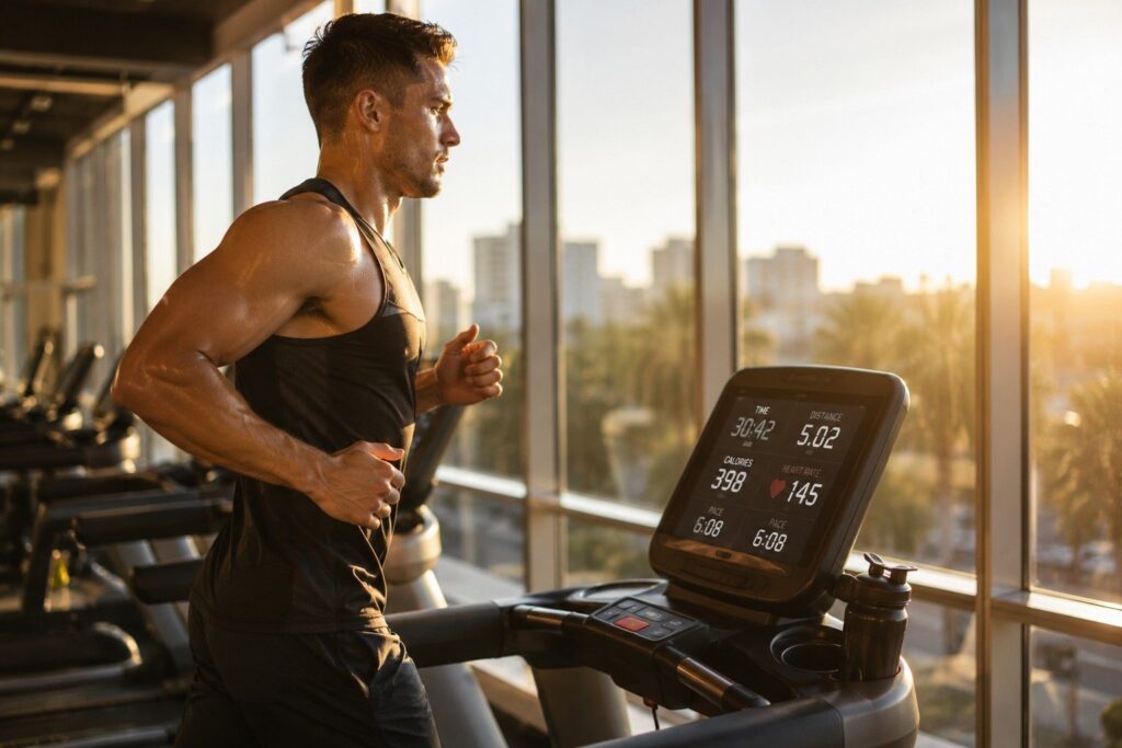 Fit athlete running on treadmill during morning cardio session showing fat burning benefits of caffeine in pre workout supplement.