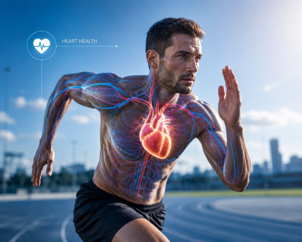 Athlete with cardiovascular system highlighted showing potential heart and blood vessel health benefits of pre workout supplement ingredients.