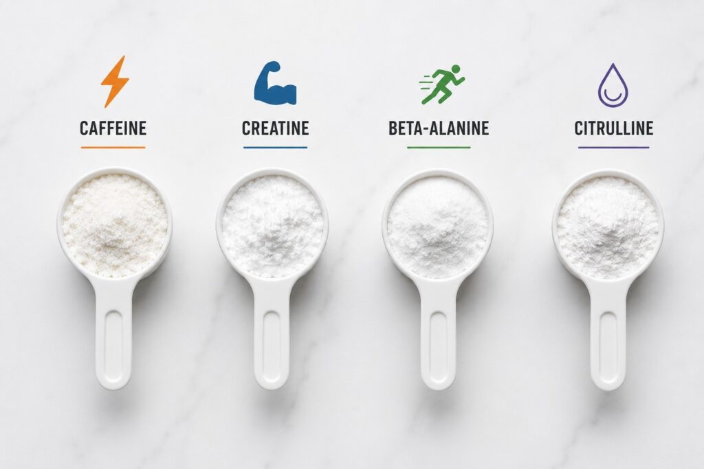 Pre workout supplement key ingredients infographic showing caffeine creatine beta alanine and citrulline dosages.