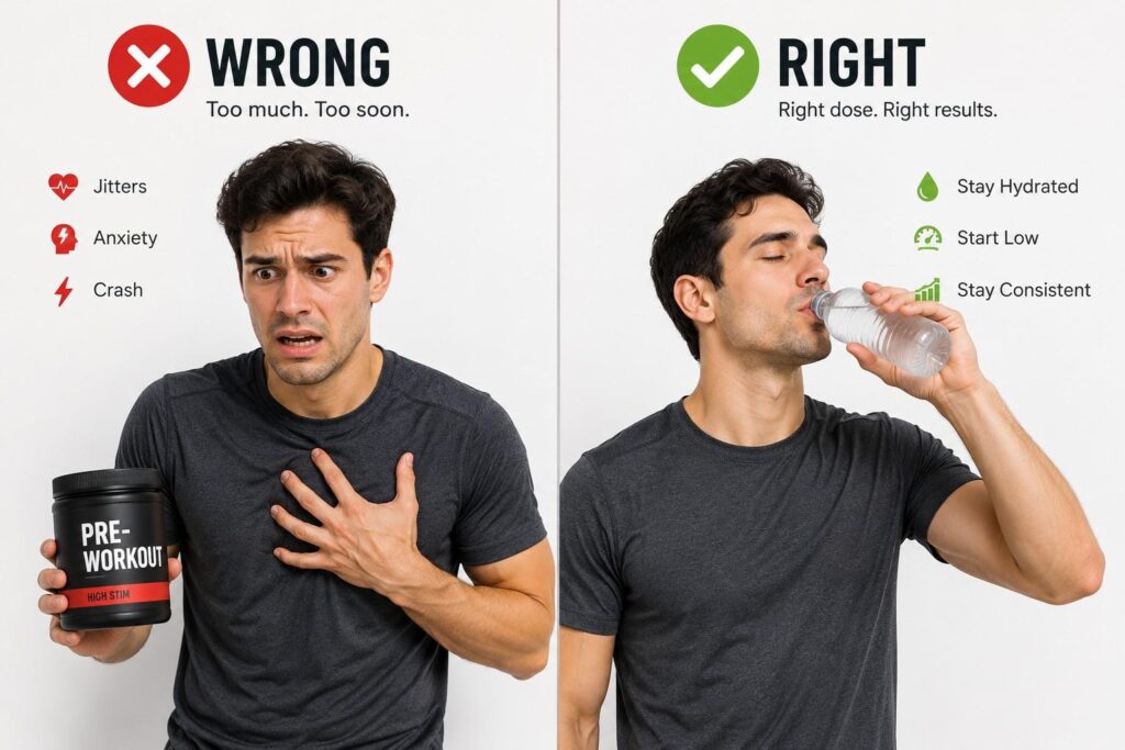 Side by side comparison showing pre workout supplement side effects like jitters versus safe usage with proper hydration.