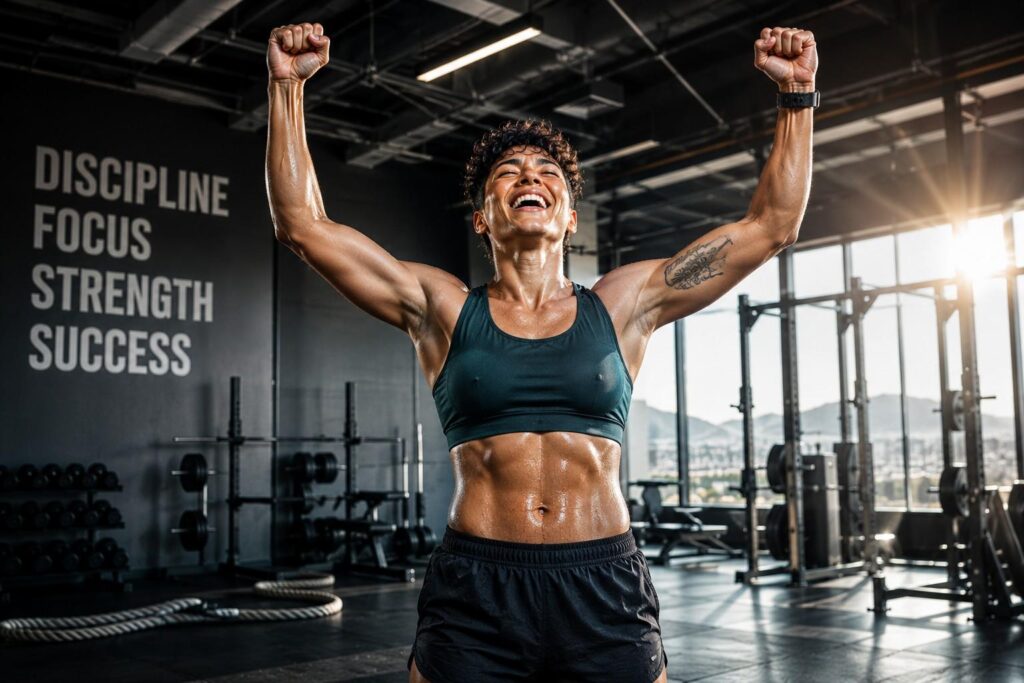 Athlete celebrating after successful workout powered by pre workout supplement showing fitness achievement and energy.