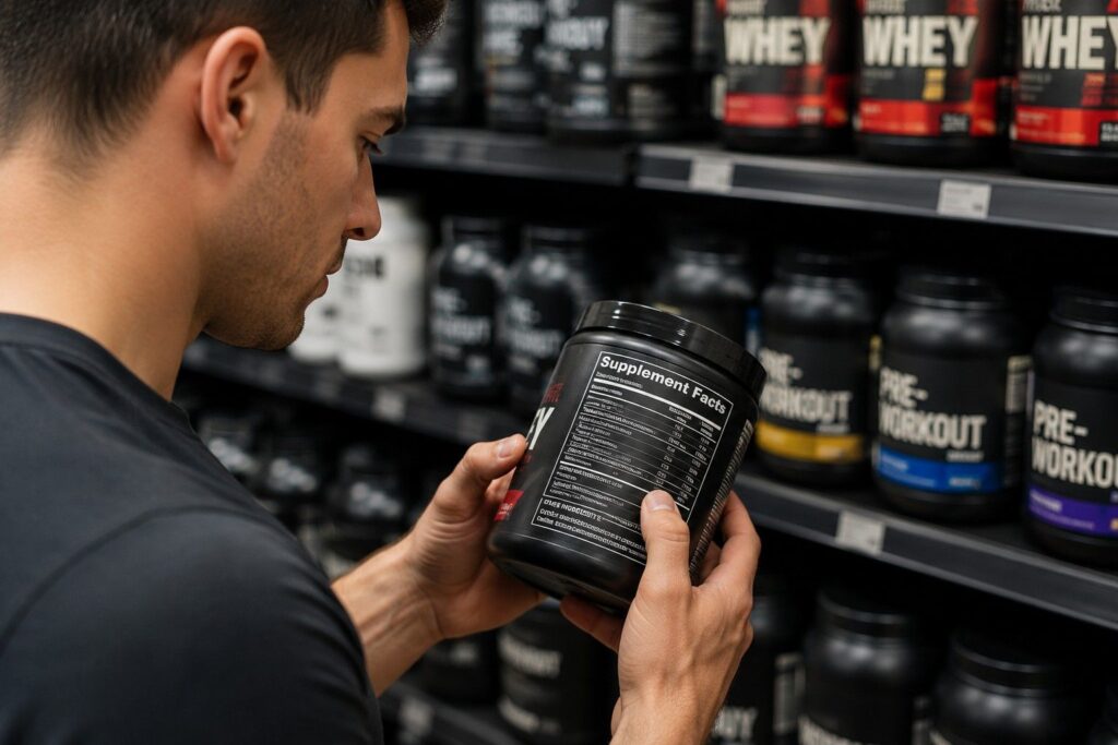 Person reading pre workout supplement label to check ingredients and dosage for safe usage.