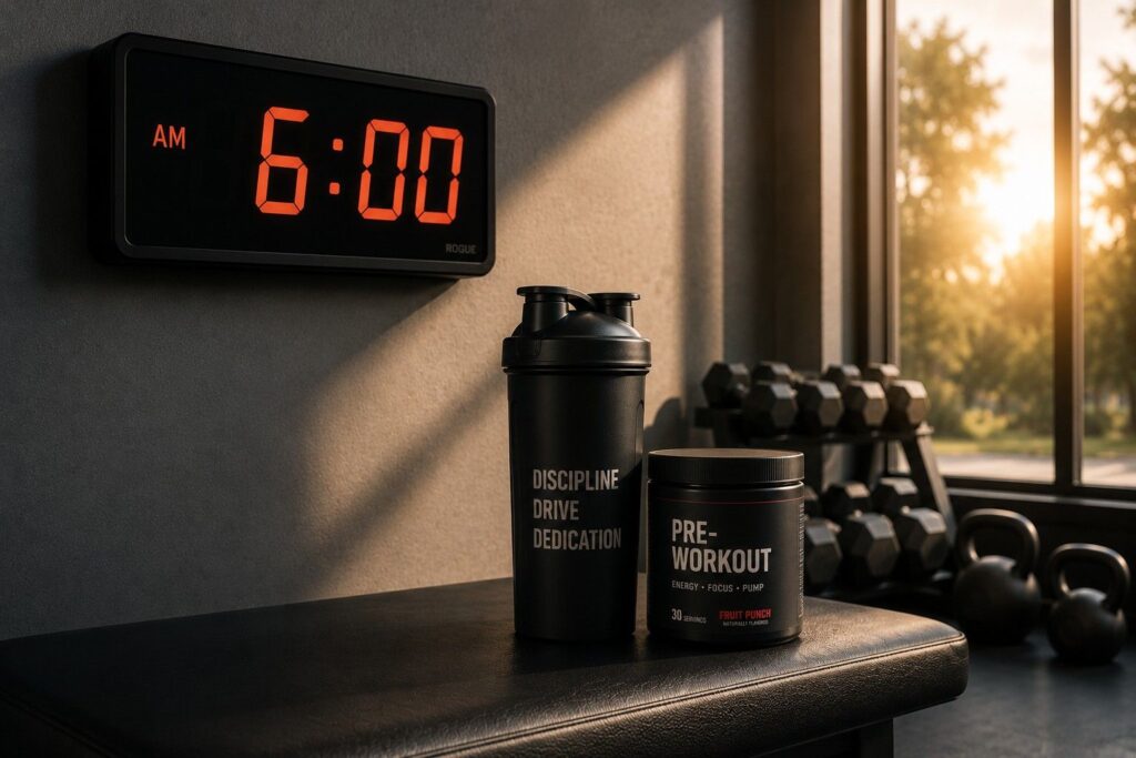 Pre workout supplement timing guide showing shaker bottle and supplement container next to a gym clock for optimal intake timing.