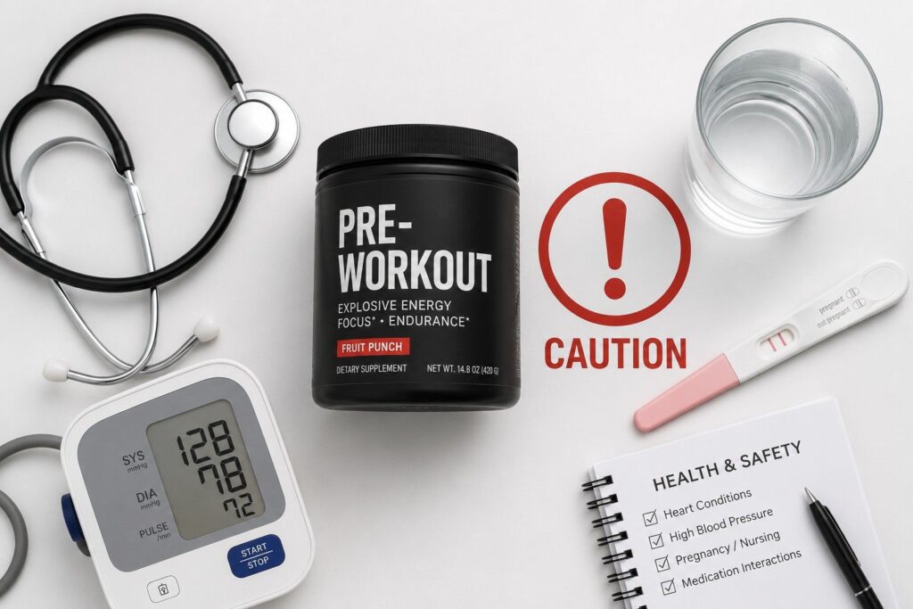 
Pre workout supplement container with caution symbol stethoscope and blood pressure monitor showing who should avoid pre workout supplements.