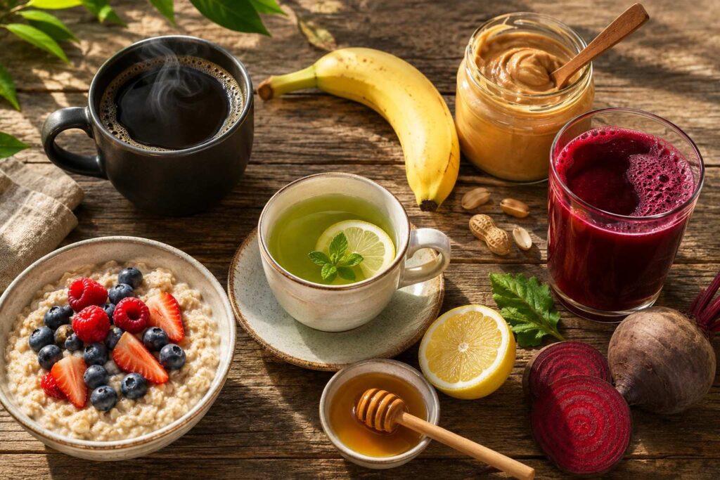 Natural pre workout alternatives including black coffee banana beetroot juice oatmeal and green tea arranged on wooden surface.