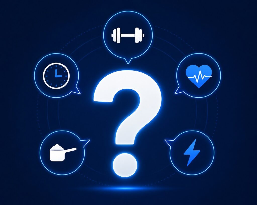 Frequently asked questions about pre workout supplements illustrated with question mark and fitness icons on dark blue background.