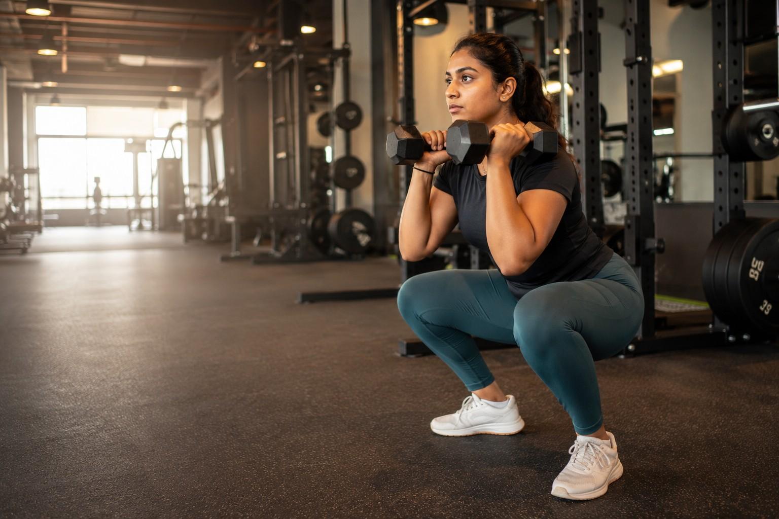 8 week fat loss workout for beginners showing a person performing dumbbell squats in a modern gym.