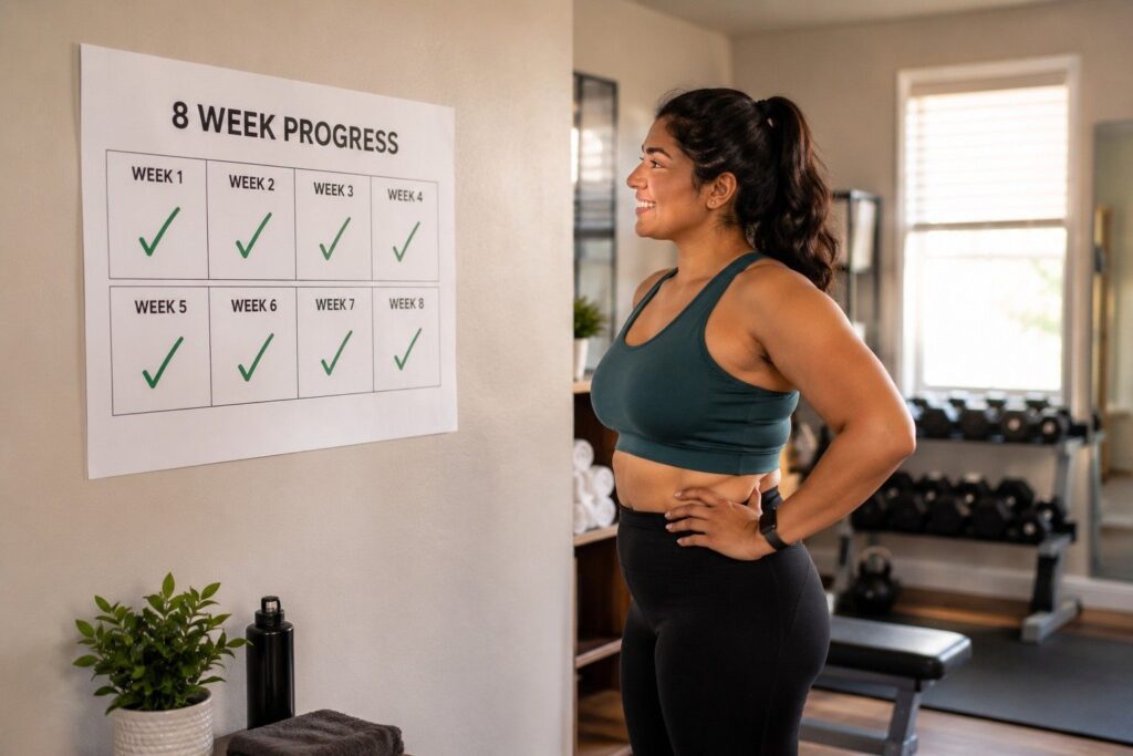 Beginner tracking 8 week fat loss workout progress with a calendar showing consistent workout checkmarks.