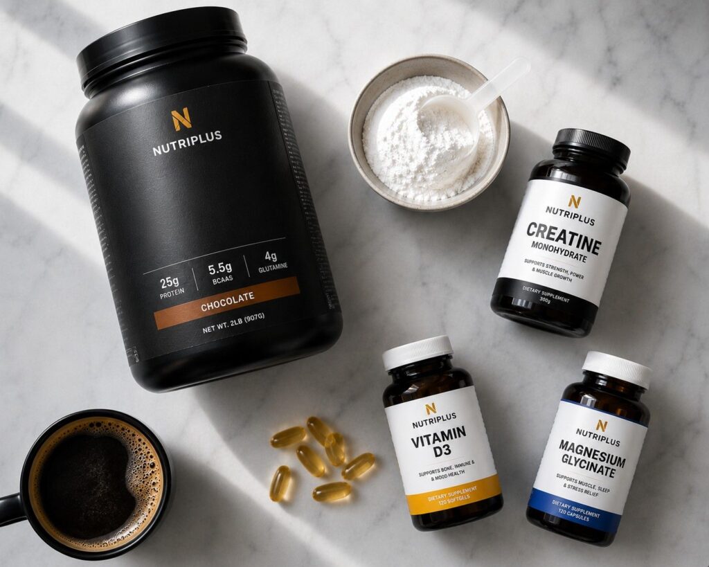 Core supplements for beginner fat loss including whey protein, creatine, omega-3 fish oil, vitamin D3 and magnesium flat lay.