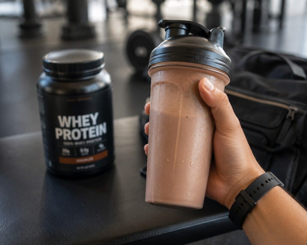Whey protein shaker bottle held in a gym as a core supplement for muscle preservation during fat loss.