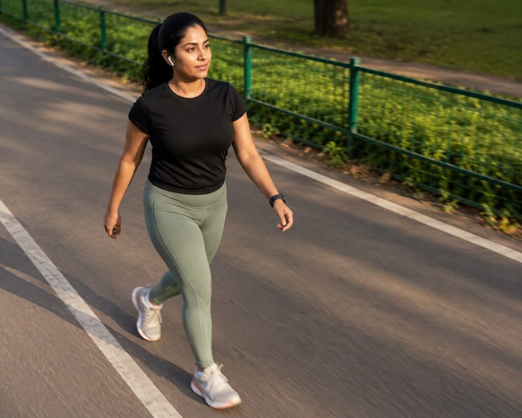 Beginner doing brisk walking cardio during weeks 1 and 2 of 8 week fat loss workout plan.