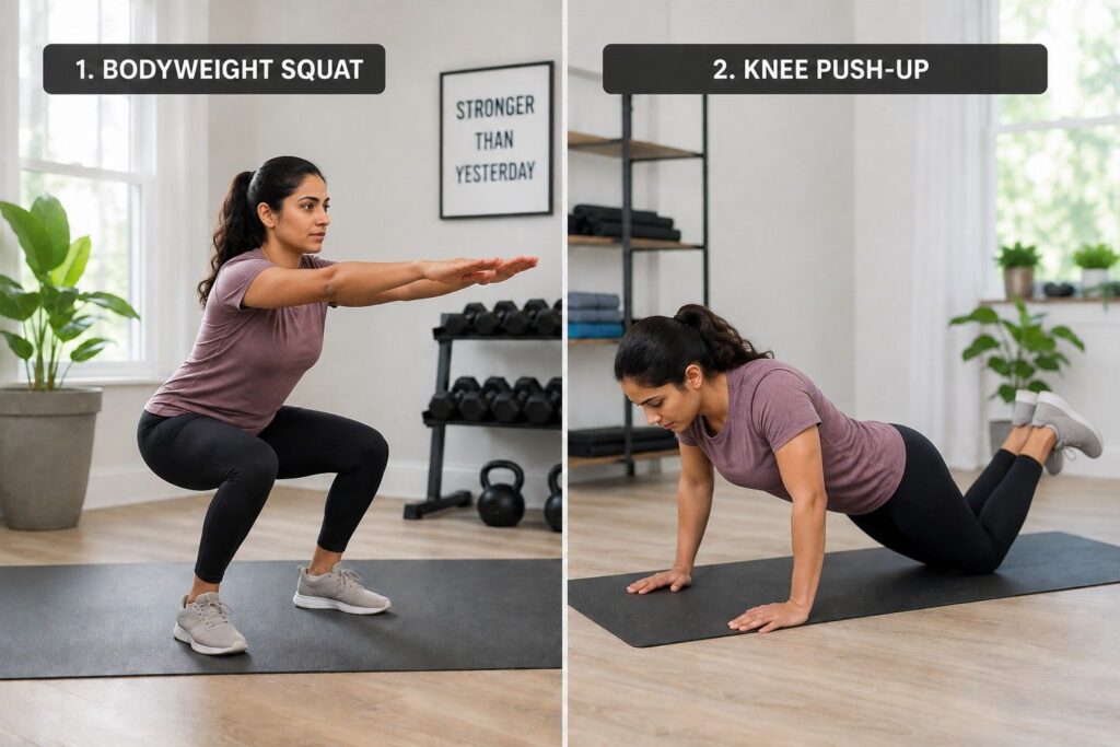 Beginner doing bodyweight squat and knee push-up exercises during week 1 and 2 foundation phase of fat loss workout.