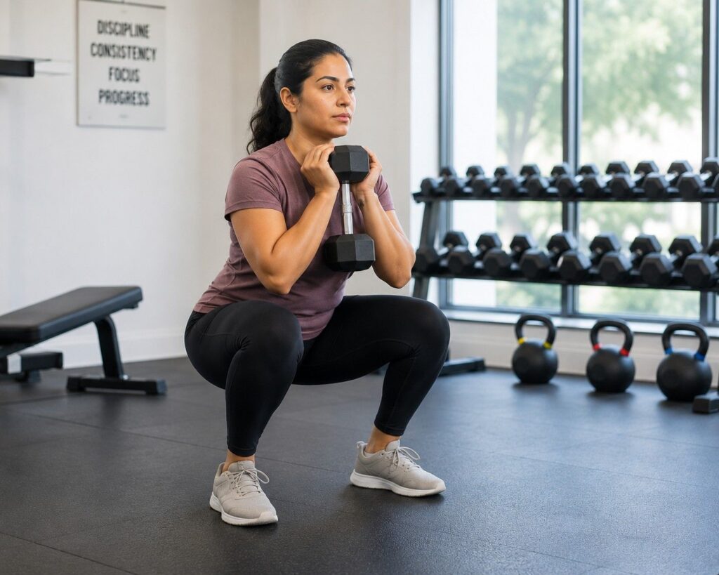 Beginner performing goblet squat with dumbbell during weeks 3 and 4 intensity phase of 8 week fat loss workout.
