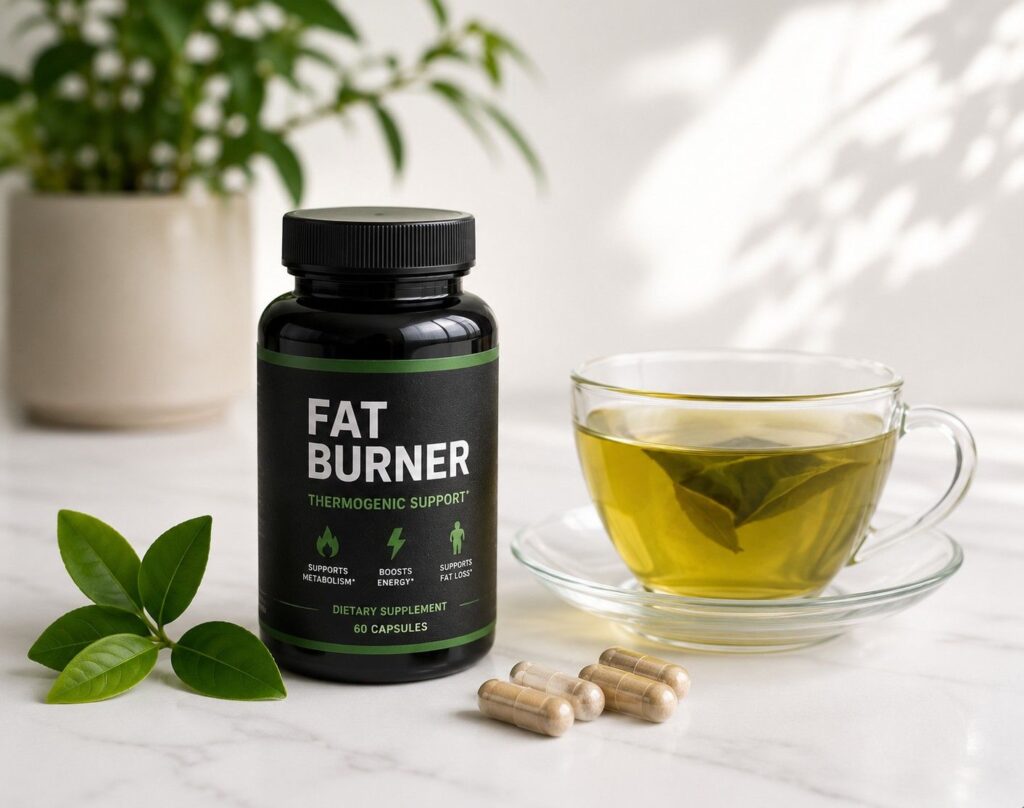 Thermogenic fat burner supplement with green tea extract capsules as optional addition during weeks 5 and 6 of fat loss plan.