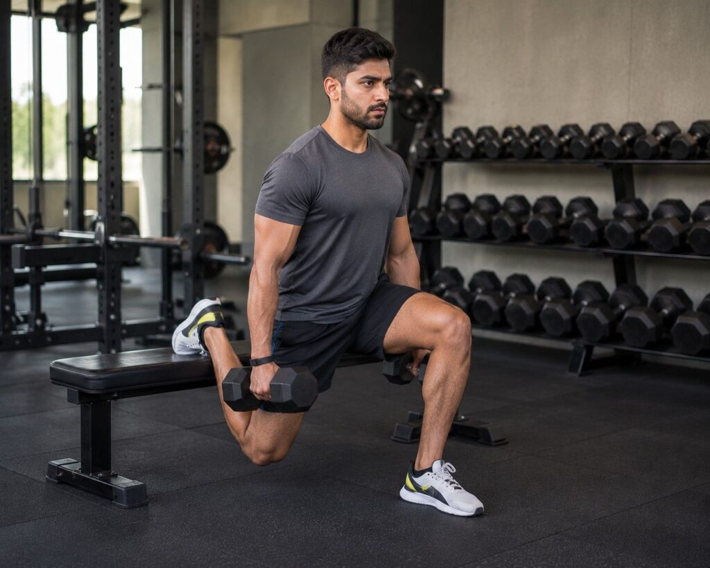 Beginner doing Bulgarian split squat with dumbbells during lower body day of week 7 and 8 fat loss workout.