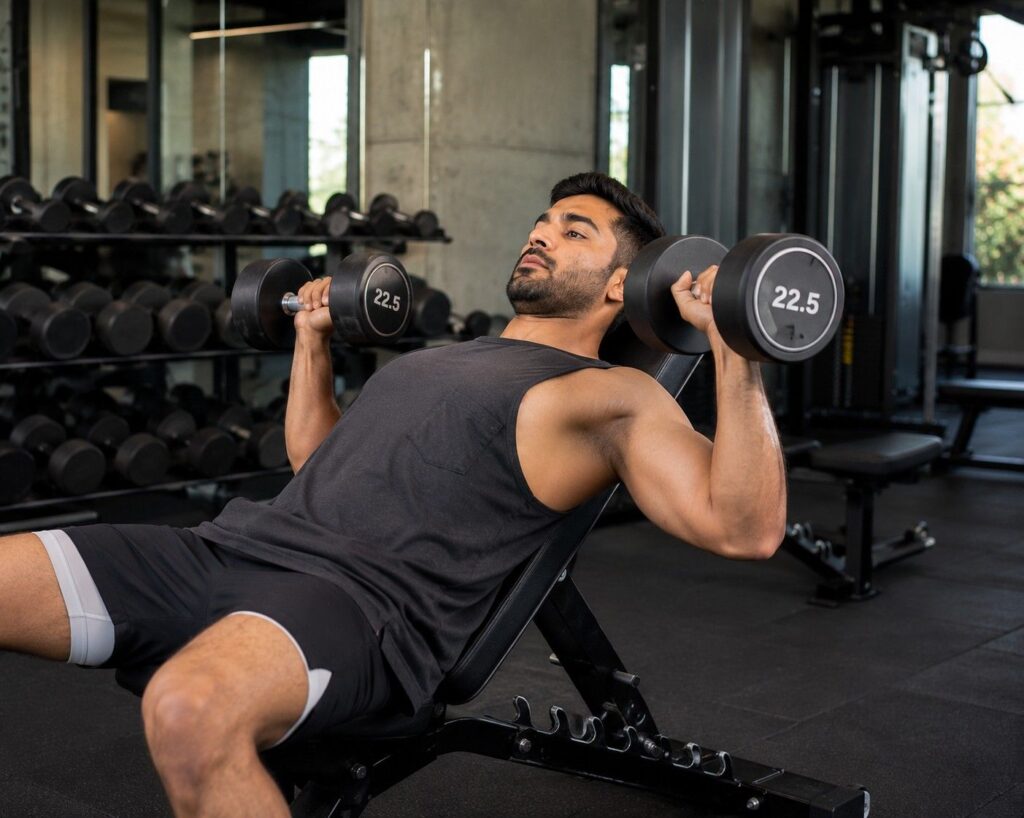 Beginner performing incline dumbbell press during upper body day of weeks 7 and 8 peak fat loss workout phase.