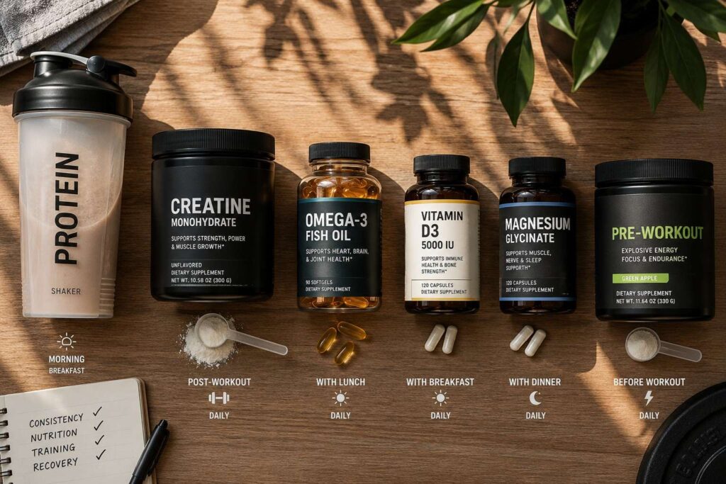 Complete 8 week fat loss supplement stack including protein, creatine, omega-3, vitamin D3, magnesium and pre-workout arranged daily.