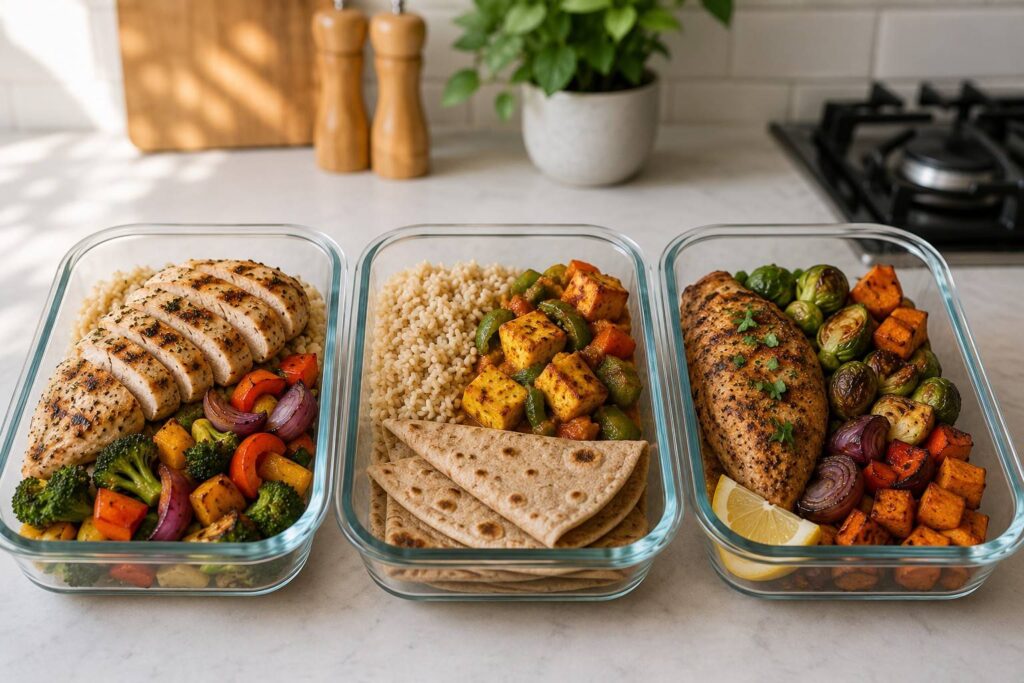 Healthy high protein meal prep containers with chicken or paneer brown rice and vegetables supporting 8 week beginner fat loss nutrition plan.