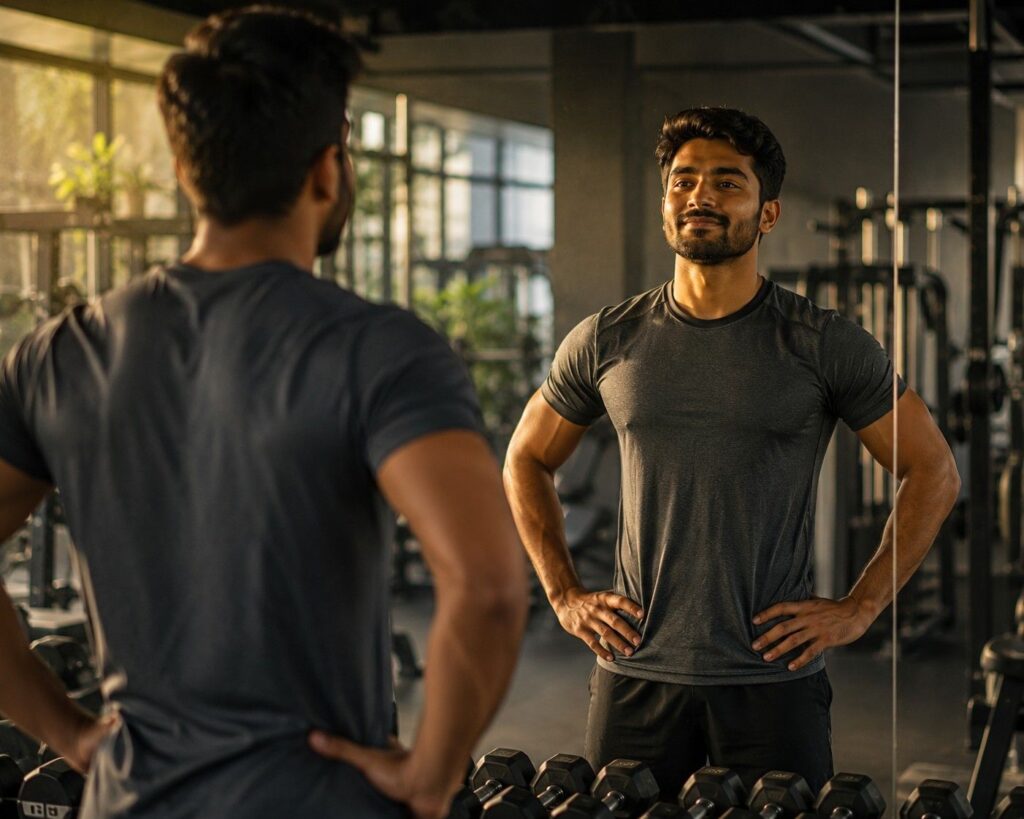 Confident beginner standing in gym mirror after completing 8 week fat loss workout plan feeling proud and motivated.