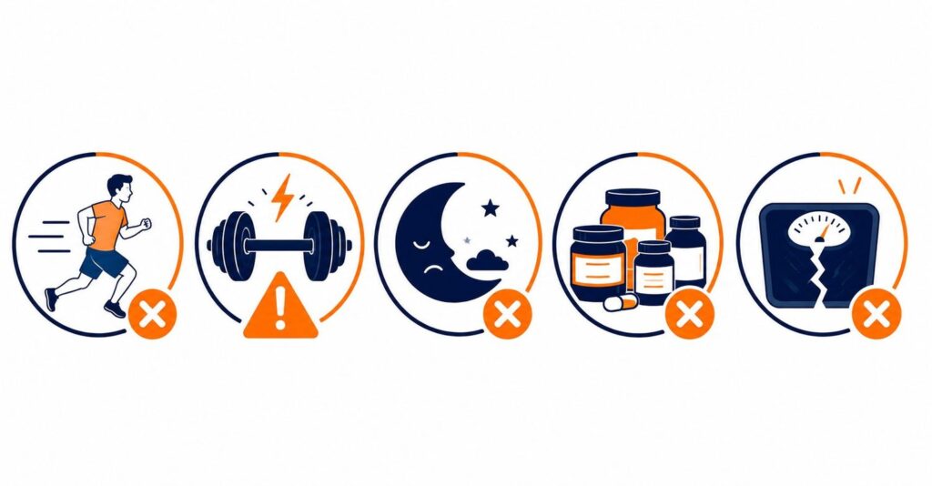 Illustration showing 5 common beginner fat loss workout mistakes including skipping warm up overtraining poor sleep excess supplements and scale obsession.