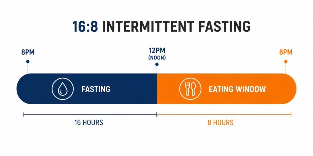 16:8 intermittent fasting schedule - fasting window 8PM to 12PM eating window 12PM to 8PM