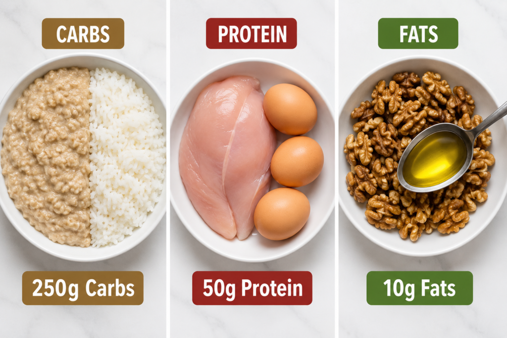 Three bowls showing the macronutrient breakdown of a typical mass gainer serving — carbohydrates from oats and rice, protein from eggs and chicken, and fats from walnuts and olive oil.
