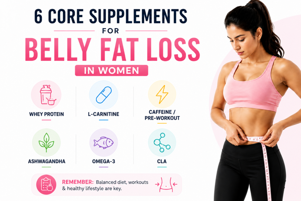 infographic of 6 best core supplements for belly fat loss for girls — whey protein L-carnitine ashwagandha omega-3 CLA.