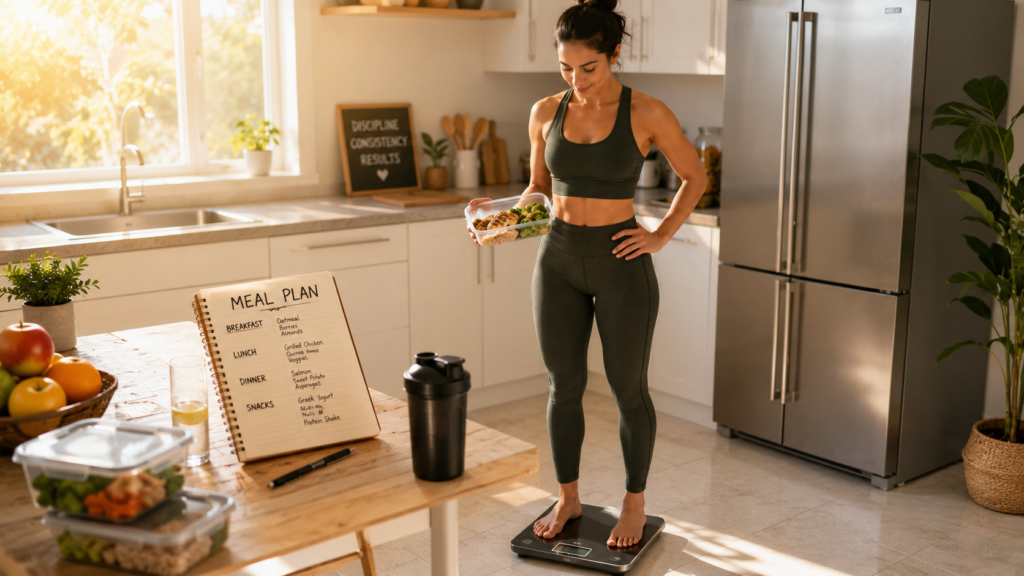 Person tracking morning weight on scale with healthy meal prep and planning for fat loss routine.
