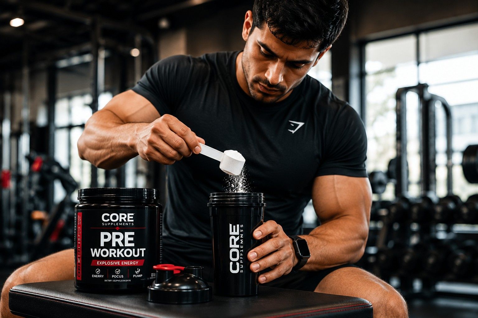 A person scooping pre-workout supplement into a shaker bottle before a gym workout.