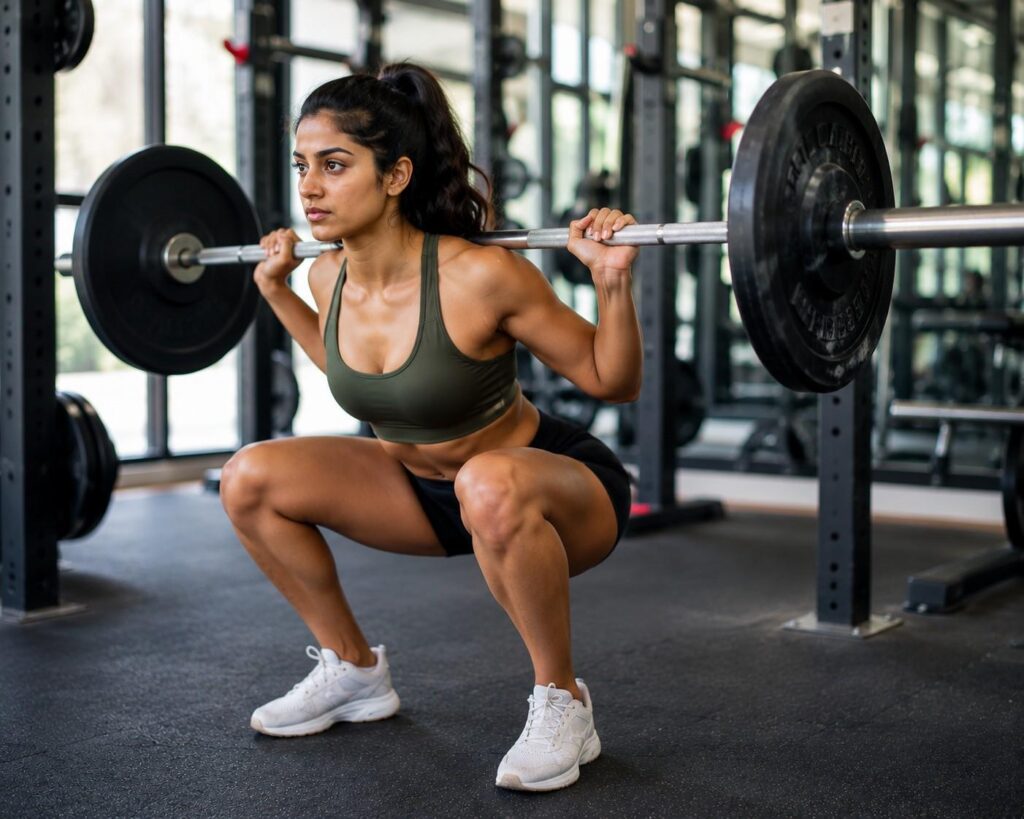 Woman doing squats to lose thigh fat - best compound exercises for thigh fat loss.