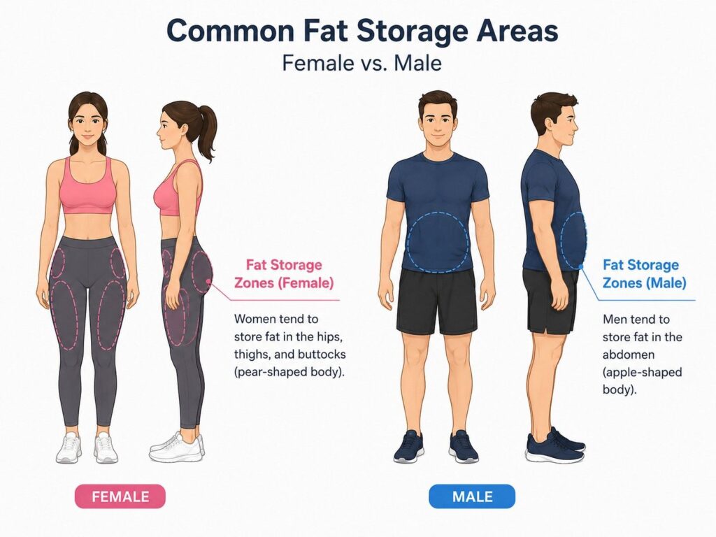 Diagram showing gynoid fat pattern in women vs android fat pattern in men - thigh fat explained.