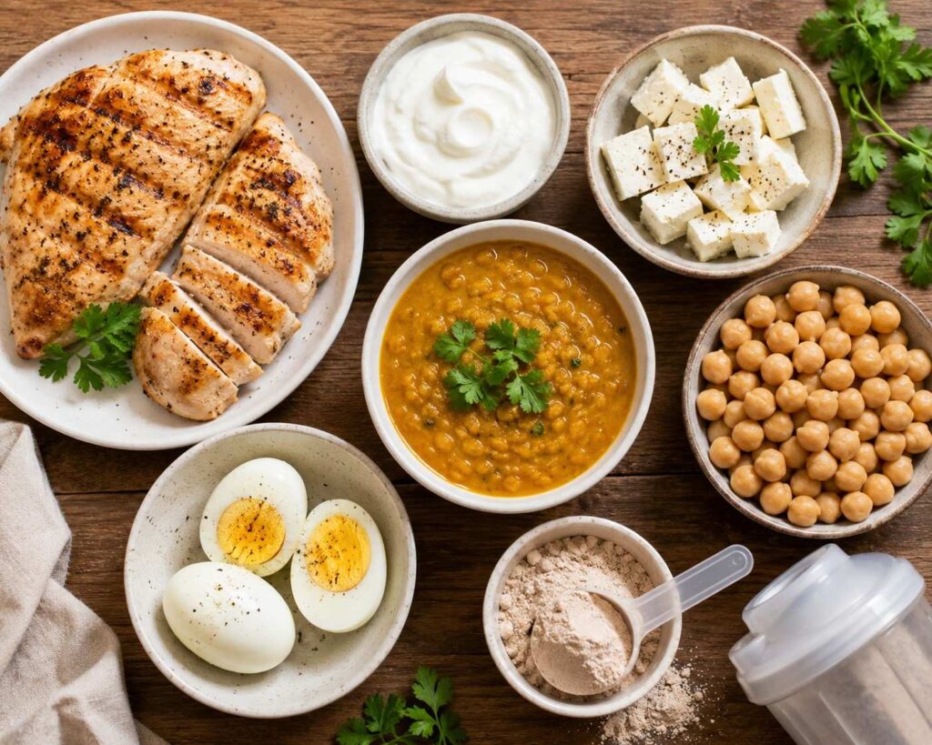 High protein foods for thigh fat loss including paneer dal eggs whey protein and chicken.