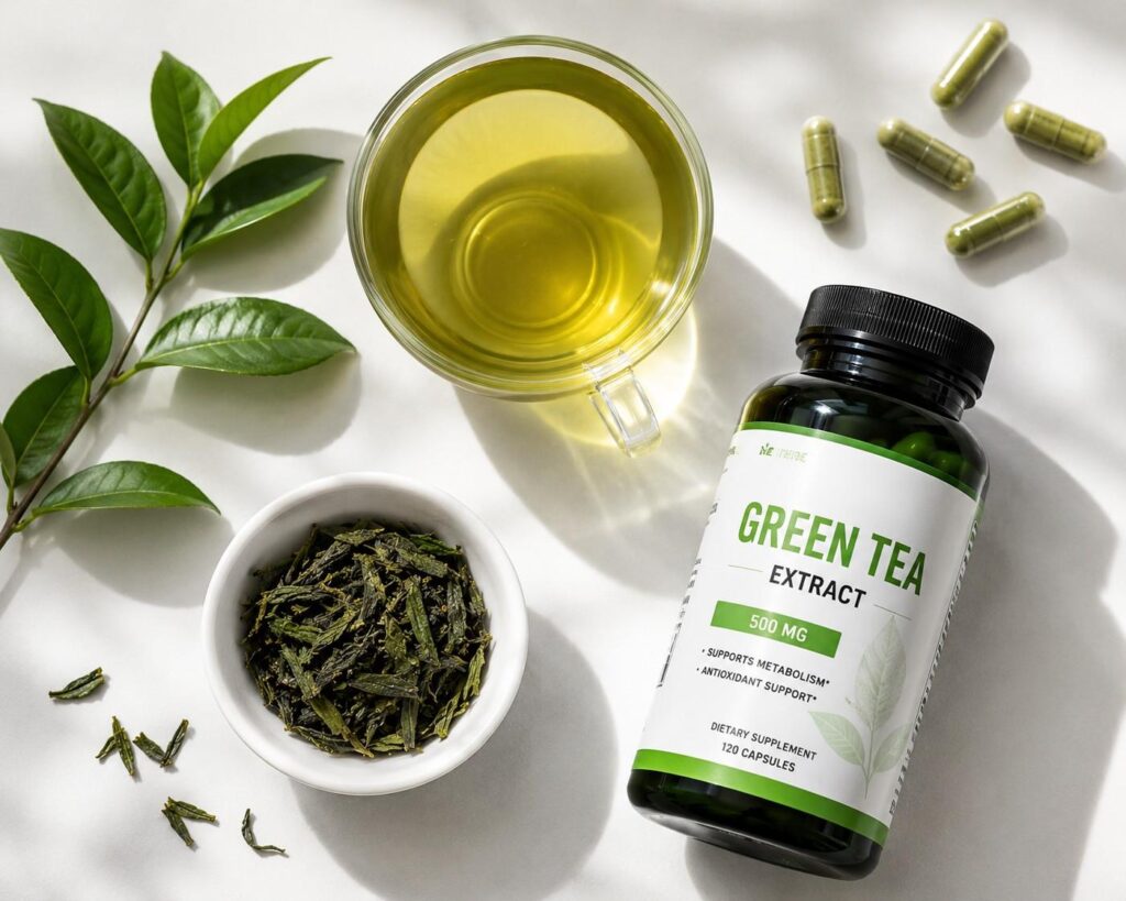 Green tea extract EGCG supplement for fat oxidation and thigh fat loss.