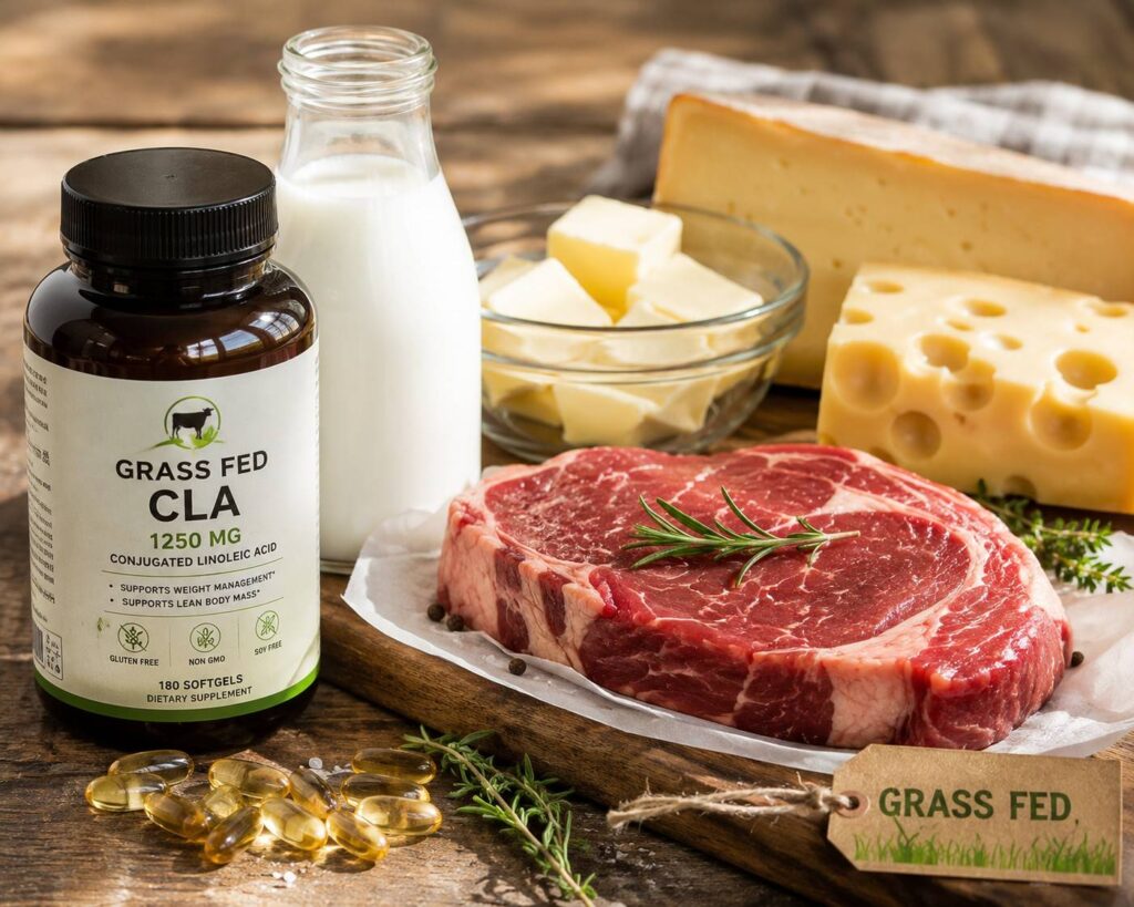 CLA conjugated linoleic acid supplement and natural food sources for body fat reduction.