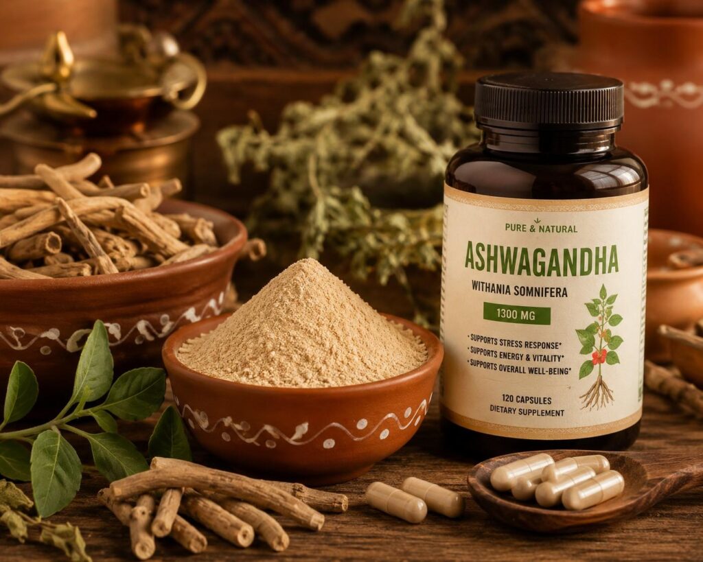 Ashwagandha supplement for cortisol control and stress-related thigh fat reduction.