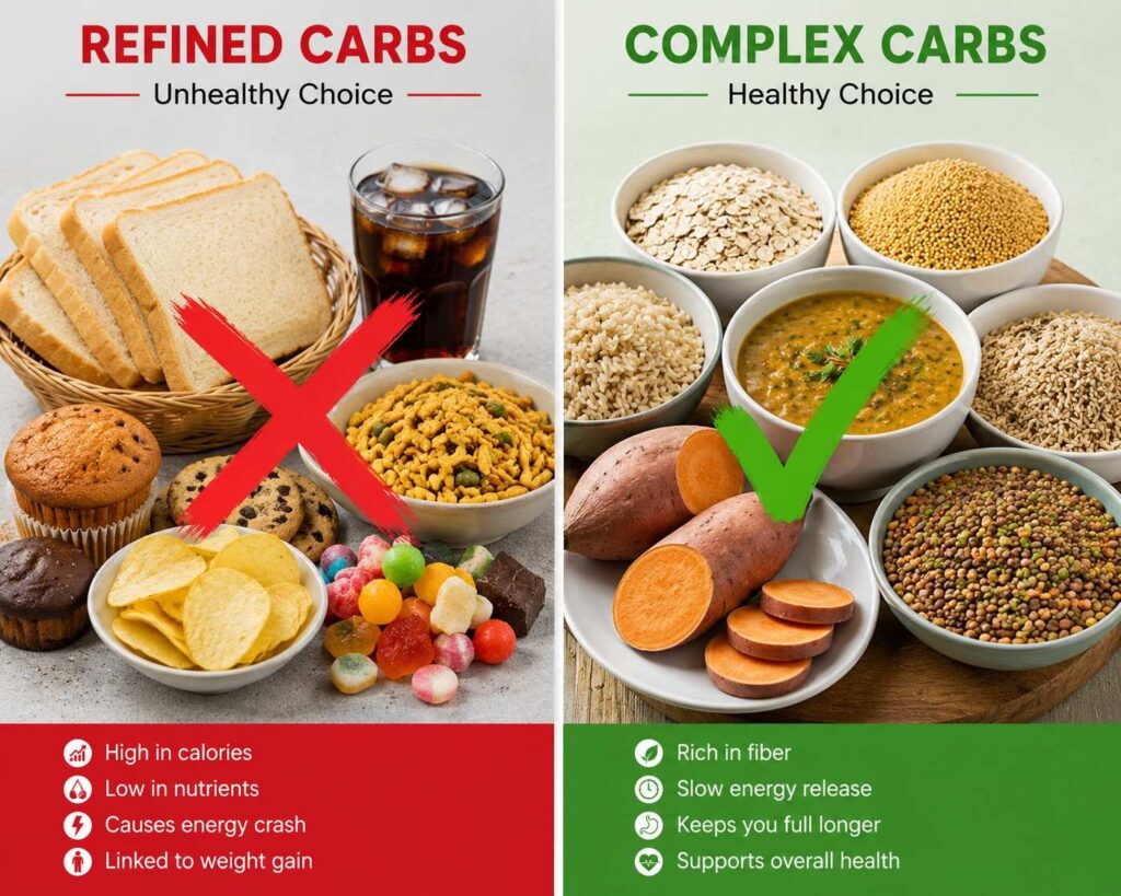 Foods to avoid and eat for thigh fat loss - refined carbs vs complex carbs comparison.

