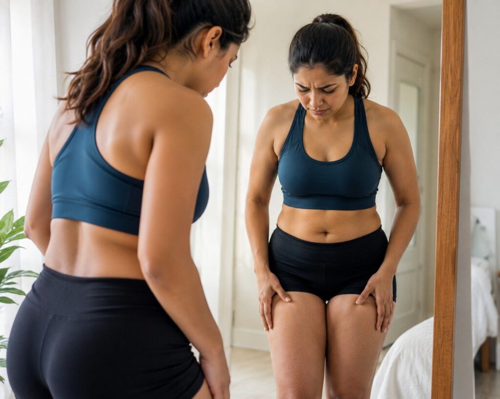 Woman struggling with stubborn thigh fat before starting fat loss journey.