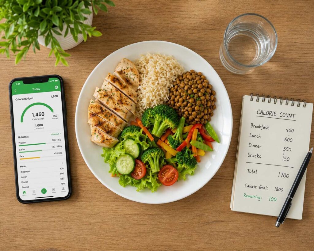 Caloric deficit meal plan for thigh fat loss - healthy food and calorie tracking.