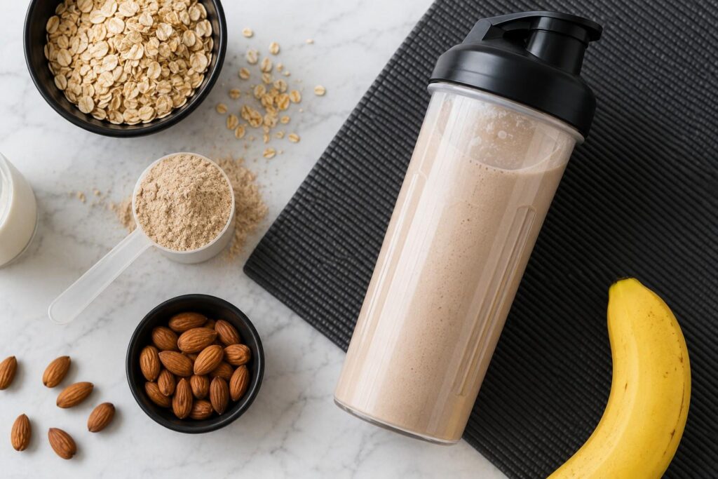 Mass gainer shake with whole food ingredients including oats, nuts, and banana representing key macro nutrients in a high-calorie supplement.