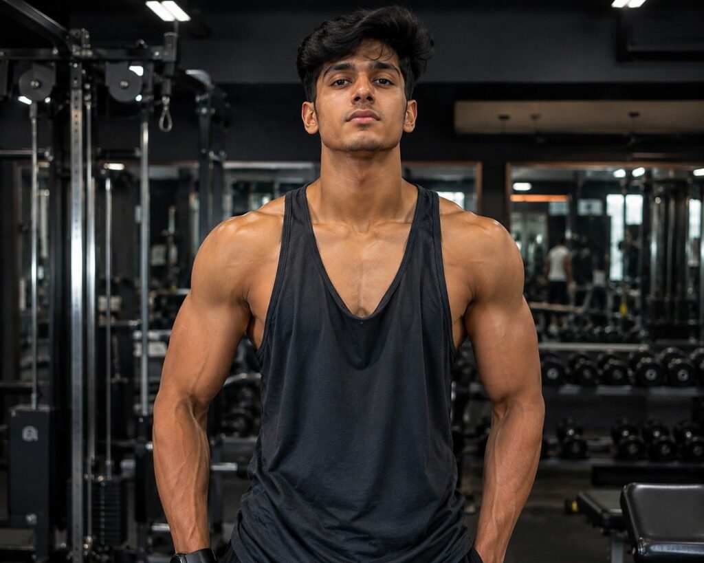 6-month mass gainer transformation result showing broader shoulders, defined V-taper, and increased arm circumference after consistent supplementation and training.