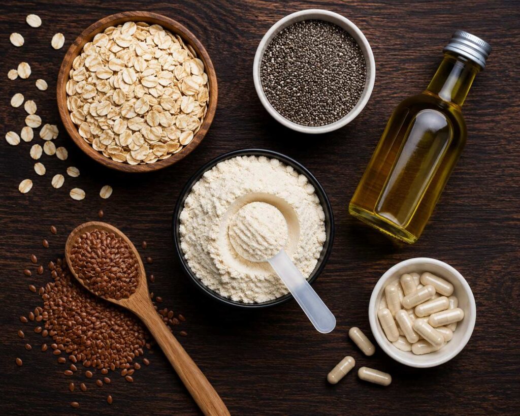 Quality mass gainer ingredients including complex carbohydrates, protein sources, healthy fats, and digestive enzymes laid out for comparison.
