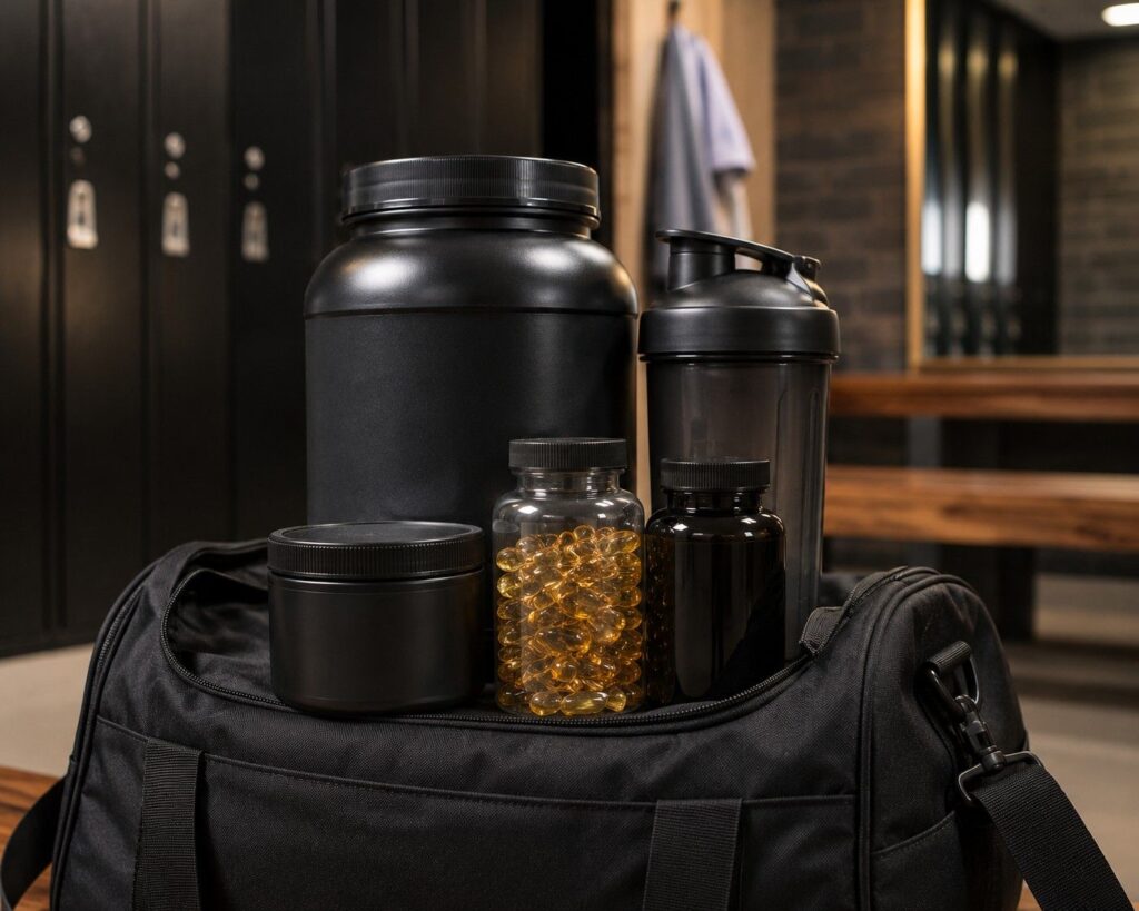 Complete supplement stack for mass gain including mass gainer, creatine monohydrate, omega-3, and multivitamin arranged together.