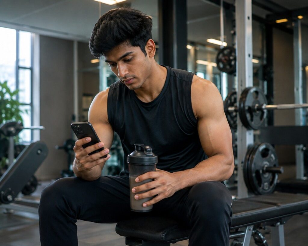 Fitness enthusiast researching mass gainer dosage and results on phone between workout sets.
