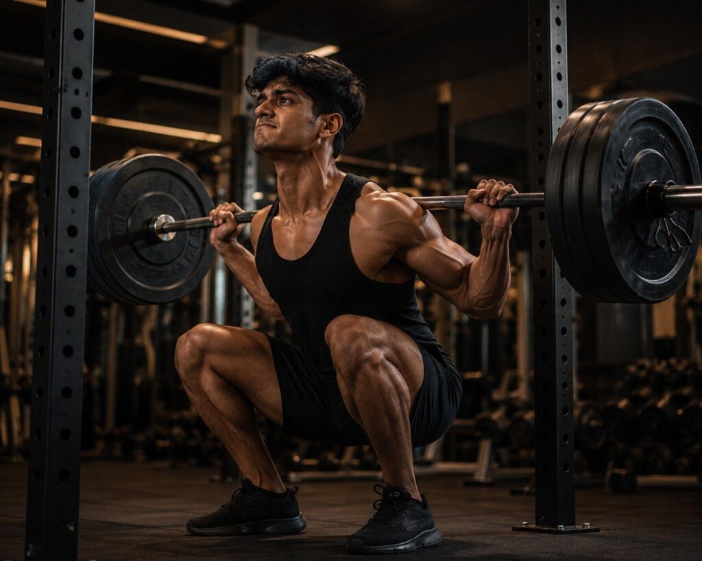 Athlete performing progressive overload squat training — essential paired with mass gainer supplementation for real body transformation results.
