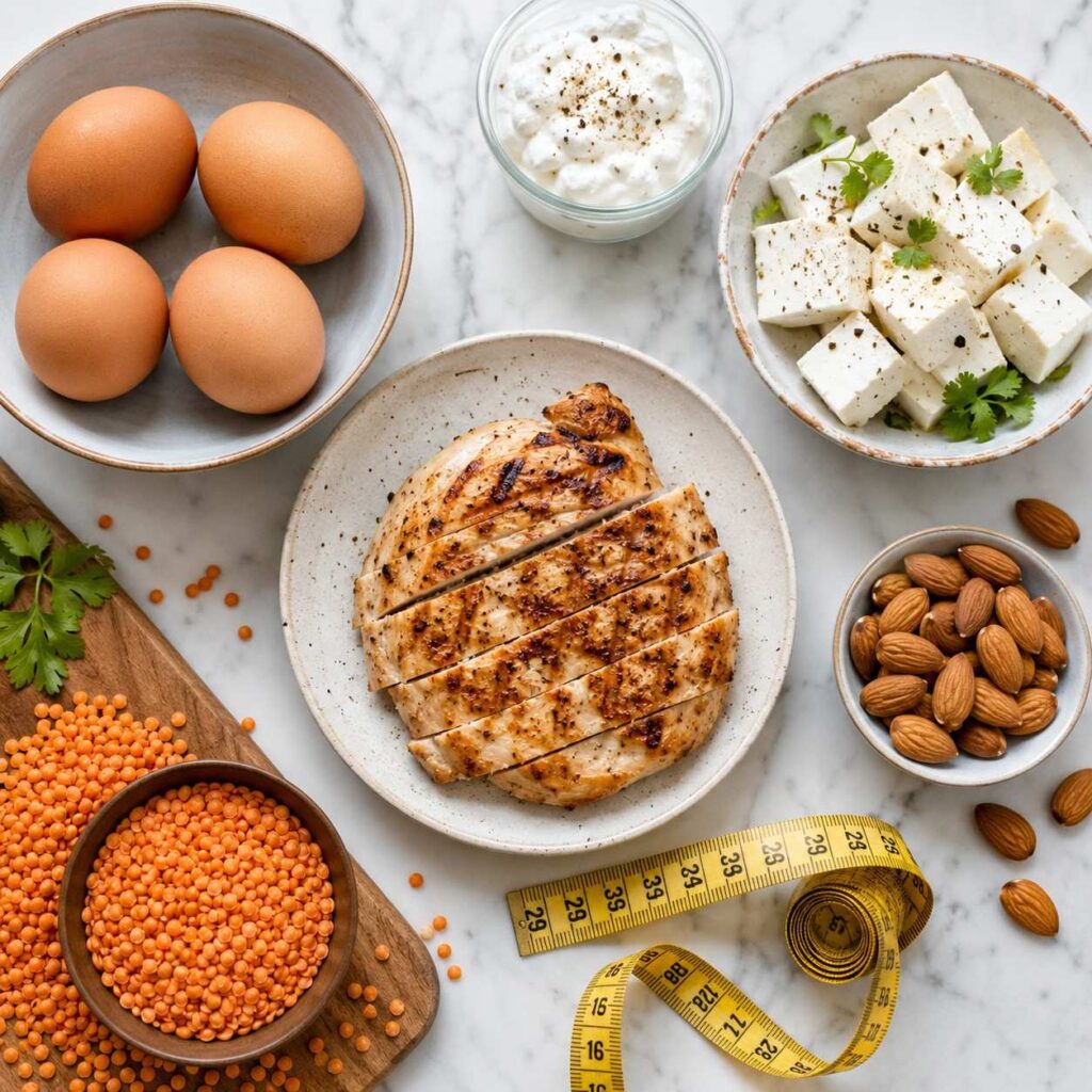 High protein foods for female muscle gain and fat loss - eggs paneer chicken lentils almonds.